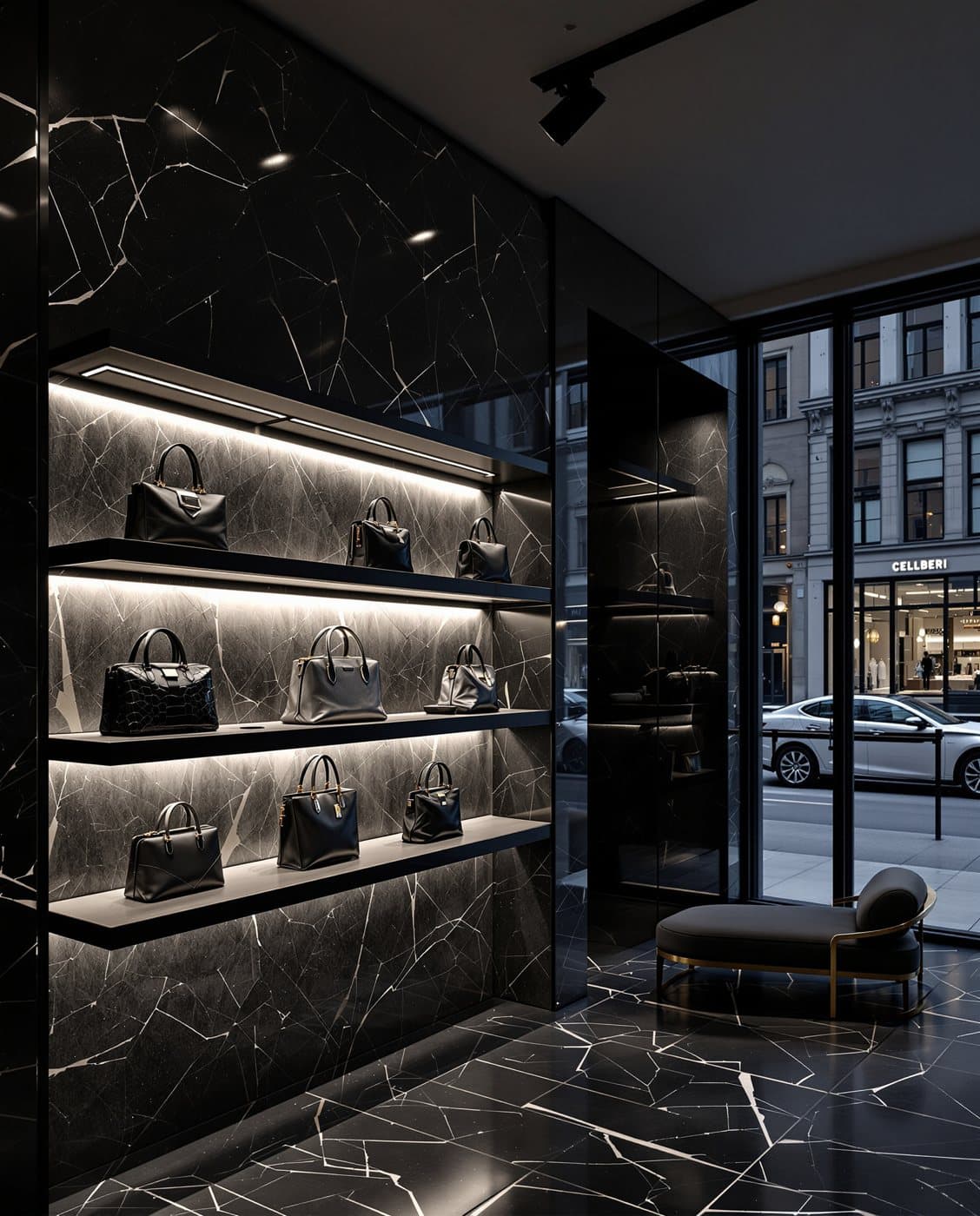 A luxury fashion boutique interior at night