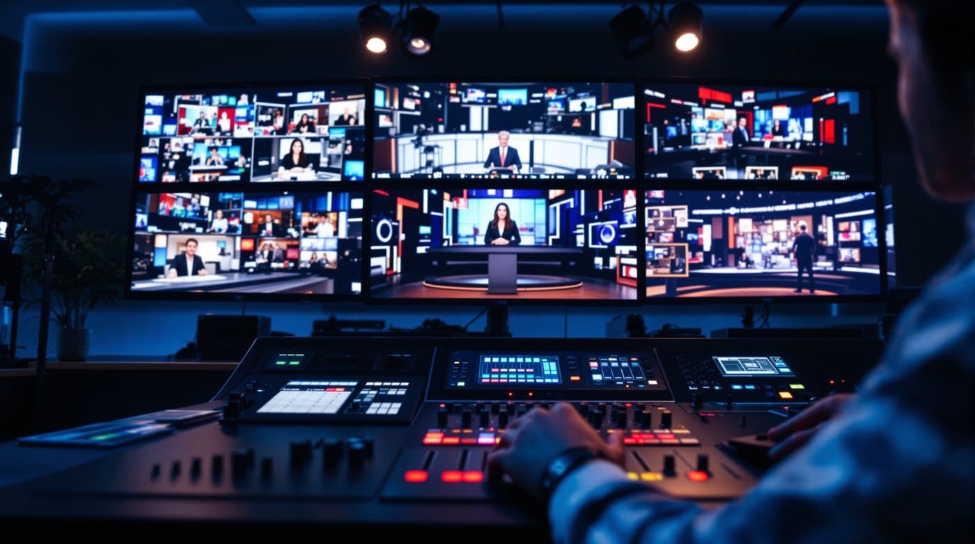 A broadcast control room with a wall of monitors