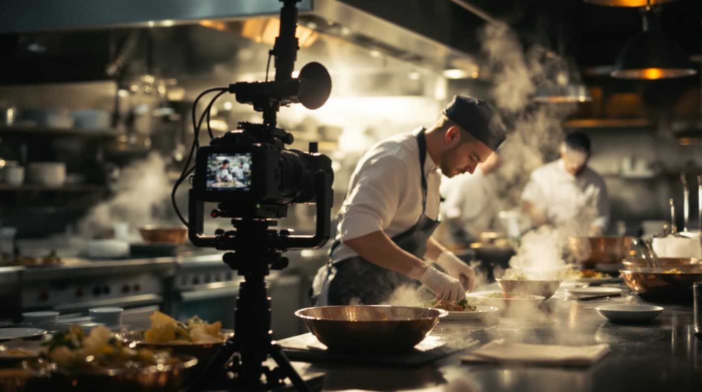 A cinema camera filming a chef plating in a restaurant kitchen
