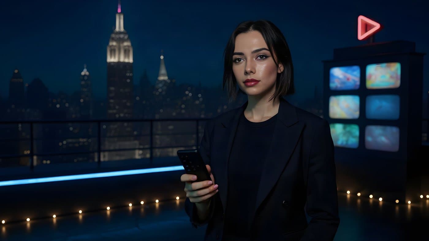 Remy Marlow, host of Starts This Friday, on a New York rooftop set